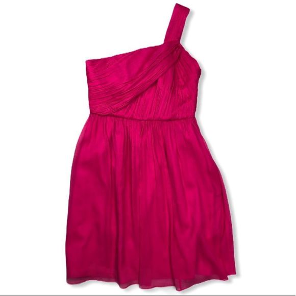 J Crew Lucienne One Shoulder Hot Pink Silk Chiffon Dress NWT size 8 Petite - Picture 2 of 11